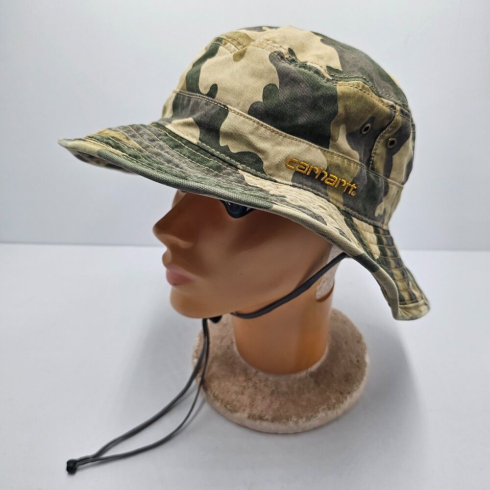 Carhartt Camo Bucket Hat Boonie Cap Drawstring Camouflage Sun Fishing Outdoors